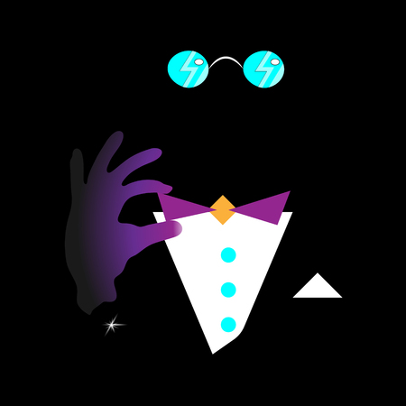 Male style, logo in modern trendy flat simplified design. Hand, pince-nez, bow tie, shirt illustration. For clothing shop, atelier, blog. Badge logotype. Business identity element for your companyのイラスト素材