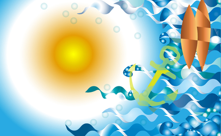 Illustration of waves with an anchor and the sunのイラスト素材