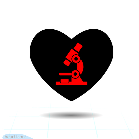 Heart vector black icon, Love symbol. Microscope in heart. Valentines day sign, emblem, Flat style for graphic and web design.のイラスト素材