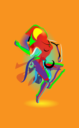 Multicolored abstraction with a dancing girl, colorful woman dancing. Vector orange background.のイラスト素材