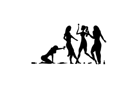 Four Girl, woman, lady drinking. Drunk people, drunk party event, vector silhouettes icon, sign illustration on white backgroundのイラスト素材