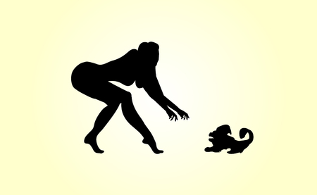 Lady taking free time with her dog. Woman catches her loyal dog. Vector illustration.のイラスト素材