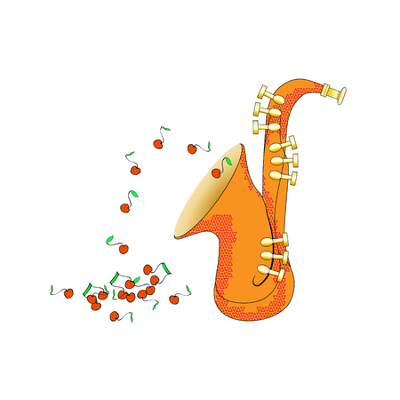 Saxophone from side view in cartoon style. Brass musical instrument illustration. Vector. And the notes fly like fruits. Fun however Funny and cute.のイラスト素材