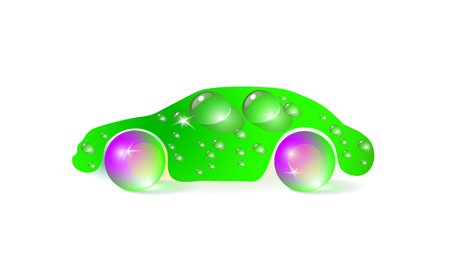 Vector illustration of a green concept of eco car, wash design isolated on white background many water drops and art digital craft style.のイラスト素材