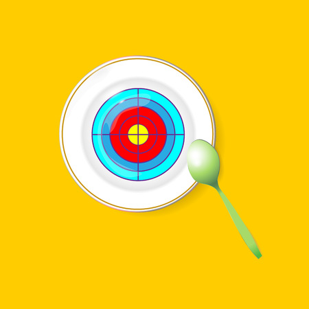 Purpose eco-friendly food. Plate with green spoon. Goal and vector strategy, symbol raw food diet and vegetarian diet illustrationのイラスト素材