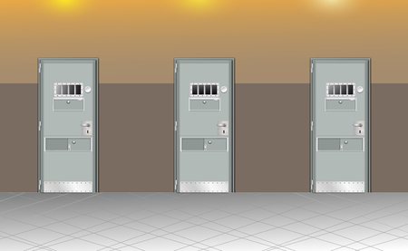 Background prison interior. Jail cells modern with gray doors. Behind bars In jail, dark. Vector detailed illustration.のイラスト素材