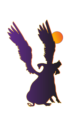 Silhouette funny piggy with wings howling at the full moon, pig pattern, purple and white vector illustration. Pagan totem.のイラスト素材