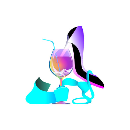 Business party logo, biz women, Wine tie. Shoe abstract girl concept. Isolated vector, infographic and social media illustration for Web and Mobile Applications. Drink and celebrate successful work.のイラスト素材
