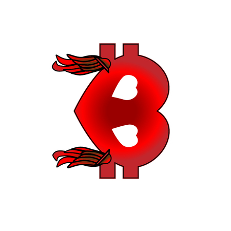 Bitcoin. Red bit icon with wings. Heart is here. A digital currency. The cryptocurrency. Isolated. Stock vector illustration.のイラスト素材
