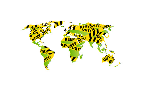 World map decorated - Keep out police yellow ribbon, warning signs. Police tape, police ribbon...