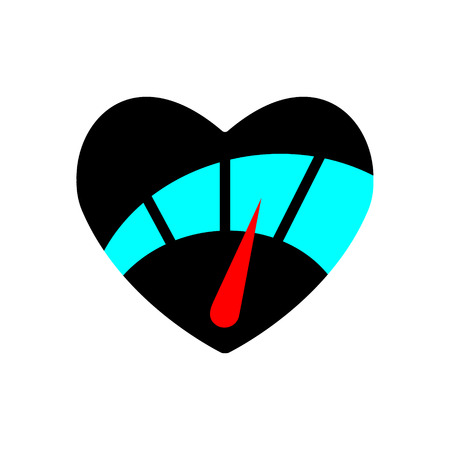 Speedometer in heart icon with red arrow. Black symbol Love and speed. Valentines day sign, emblem, Vector Flat style for graphic and web design. Blue backlight.のイラスト素材