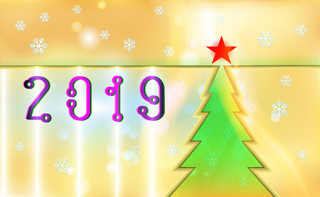 Merry Christmas gold color vintage background with green tree and ornaments from light snowflakes. For New Year. Vector illustration for design and decorating. Xmas card.のイラスト素材