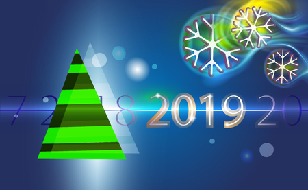 Dark blue Christmas background with green tree and glowing snowflakes bokeh, blizzard. Design illustration Xmas goldish inscription 2019. Modern New Year. Vector illustration motley abstract backdrop.のイラスト素材