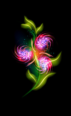 Modern red glowing flower. Colorful ornamental floral element in black background. Beautiful trendy illuminated ornaments with decorative luxury glow for your design in vector illustration EPS 10のイラスト素材
