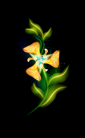 Flower modern orange glowing. Colorful ornamental floral element in black background. Beautiful trendy illuminated ornaments with decorative luxury glow for your design in vector illustration EPS 10のイラスト素材
