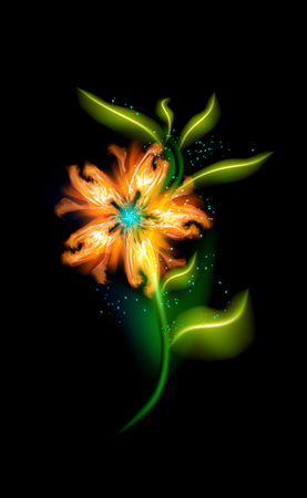 Glowing flower modern orange. Colorful ornamental floral element in black background. Beautiful trendy illuminated ornaments with decorative luxury glow for your design in vector illustration EPS 10のイラスト素材