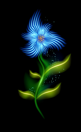 Modern glowing blue cosmic flower. Colorful ornamental floral element in black background. Beautiful trendy illuminated ornaments with decorative luxury glow for your design in vector illustration.のイラスト素材