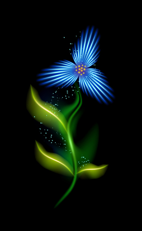 Modern glowing blue cosmic flower. Colorful ornamental floral element in black background. Beautiful trendy illuminated ornaments with decorative luxury glow for your design in vector illustration.のイラスト素材