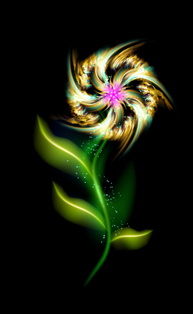 Colorful glowing yellow flower. Modern ornamental floral amber element over black. Beautiful trendy illuminated ornaments with decorative luxury glow for your design in vector illustration. eps 10のイラスト素材