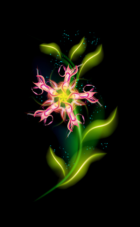 Red colorful glowing flower. Beautiful trendy ornamental floral fiery element over black. Modern illuminated ornaments with decorative luxury glow for your design in vector illustration. eps 10のイラスト素材