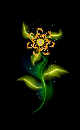 Glowing flower modern orange. Colorful ornamental floral element in black background. Beautiful trendy illuminated ornaments with decorative luxury glow for your design in vector illustration EPS 10のイラスト素材