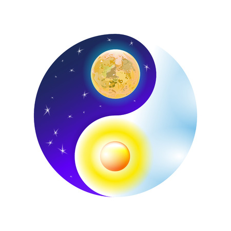 Modern blue and cosmic concept Yin and Yang mandala. Colorful sun or ornamental moon, spiritual relaxation. Beautiful decorative luxury glow stars ornaments illuminated. Design vector illustration.のイラスト素材
