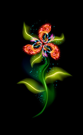 Modern Red colorful glowing flower over black. Trendy ornamental floral fiery element. Beautiful illuminated ornaments with decorative luxury glow for design in vector illustration. eps 10のイラスト素材