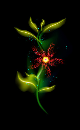 Modern Red colorful glowing flower over black. Trendy ornamental floral fiery element in backdrop. Beautiful illuminated ornaments with decorative luxury glow for design in vector illustration eps 10のイラスト素材