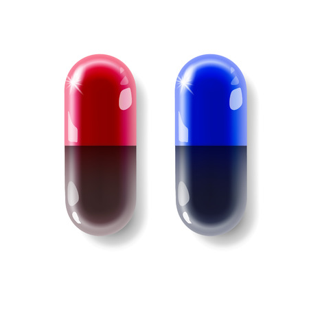 Two capsule or pill red and blue of realistic isolated on light background. Medicine, tablet, capsules, drug of painkillers, antibiotics, vitamins. Healthcare medical and vector illustration. eps 10のイラスト素材
