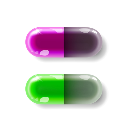Two capsule or pill purple and green of realistic isolated on light background. Matrix, medicine, tablet, capsules, drug of painkillers, antibiotics, vitamins. Healthcare medical, vector illustration.のイラスト素材