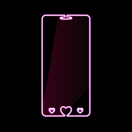 Happy Valentines Day mobile phone pink neon gadget icon, smartphone sign with hearts. Bright glowing symbol over black. Lights tablet pc, cell phone touch screen. Mobile design vector illustration.のイラスト素材