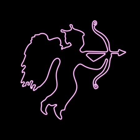 Amur neon, character cupid with an arrow and bow. Vector live illustration for Valentines day, valentine cards. Signboard for design, Web and Mobile Applications. eps 10.のイラスト素材