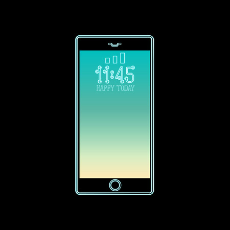 Mobile phone neon gadget icon, smartphone sign. Bright glowing symbol over black. Style lights. Tablet pc, messages. Cellphone or phone. Touchscreen. Mobile chat. Glowing designs. Vector illustration.のイラスト素材