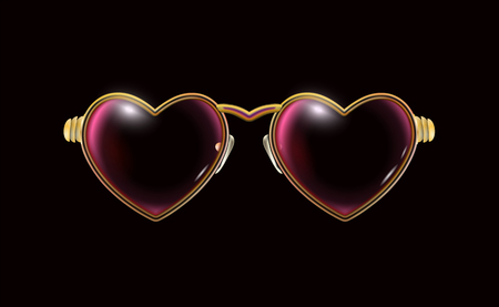 Golden glasses with a frame in the shape of a hearts, isolated on a black background. Eyeglasses obligatory Attribute of Valentines day. Retro jewelry design. Heart spectacles pictogram accessory. Gold vector illustration.のイラスト素材