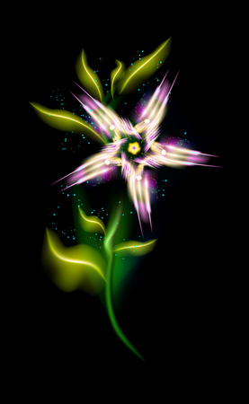 Modern ornamental Pink flower. Colorful glowing floral element in black background. Beautiful trendy illuminated ornaments with decorative luxury glow for your design in vector illustration. eps10のイラスト素材