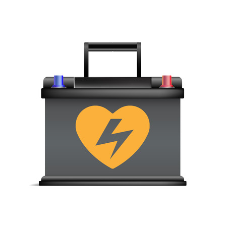 Realistic black automobile battery. Promotion discount sale mock-up. Heart a symbol of high voltage from love, warning pictogram. Accumulator voltage advertisement. Happy driving. Vector illustration.のイラスト素材