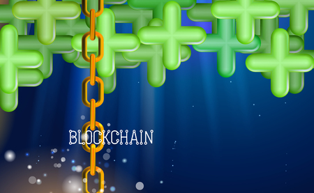 Blockchain technology, green pluses. Data network crypto mining, blue background hyperlink. Chain agreement business concept database cryptocurrency. Vector illustration internet design infographics.のイラスト素材