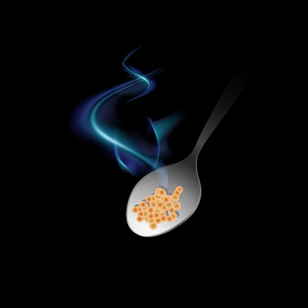 A spoon with steam emerges from the darkness and rushes to the mouth on a black background. Icon of hot food. Vector Isolated Illustration. eps10.のイラスト素材