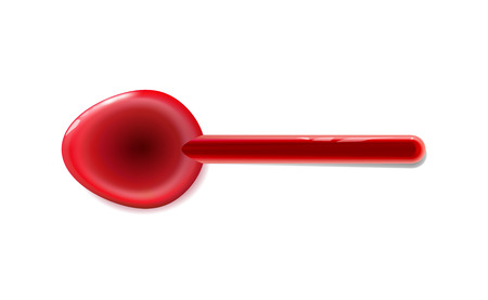 Toy plastic spoon realistic tablewares rounded, red glossy. Isolated on light background. Fun element childish design. Baby food, entertainment. Cartoon vector illustration, with a shadow. EPS10.のイラスト素材