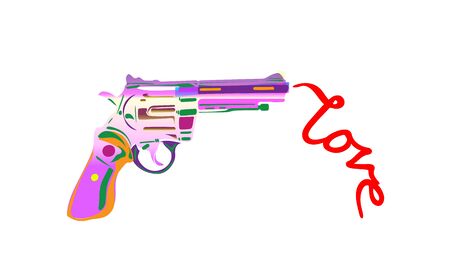 Love word hand drawn lettering and gun. Dry smoke loves modern calligraphy word. Text design for banner. Red text on light background. Graphic Printed quote: Make love, not war. Vector illustration.のイラスト素材