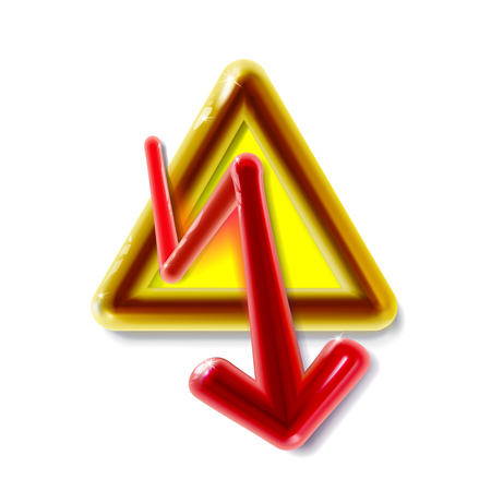 Realistic 3d plastic yellow High Voltage sign. Toy modern glossy danger symbol in light backdrop....