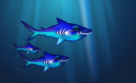 Wild predator sharks blue background small flock fish. Cartoon funny cant marine life optimized from banner design, this a happy cartoon characters. Illustration vector. Toothy, hungry and angry.のイラスト素材