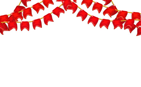 Garlands 3d glossy little composition red flags or pennants by a rope, holiday, realistic plastic toy for children set. Design shiny icon vector illustration isolated on light. Childish colorful fun.のイラスト素材