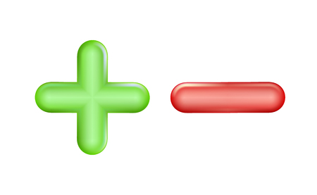 Plus and minus icon green, red symbol. Ui, ad. Design realistic plastic toy. Balance concept pluses or minuses, 3D isolated on light background. Eps 10.のイラスト素材