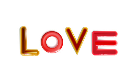 Abstract inscription Glossy love, multicolor plastic toys rounded. Toy flares colorful for fun design, girl baby element. Cartoon vector illustration isolated on light background, with a shadow. Esp10のイラスト素材