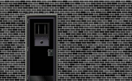 Trend european prison interior, dark background. Jail modern with metal door. Behind brick wall. Vector illustration for happy deprivation of freedom detailed design. Black banner, detention centre.のイラスト素材