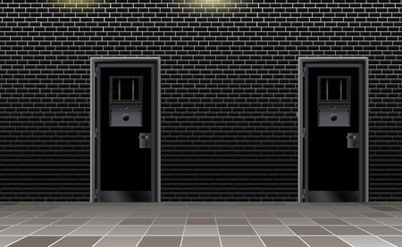 Trend european prison interior, dark background. Jail modern with two metal door.のイラスト素材