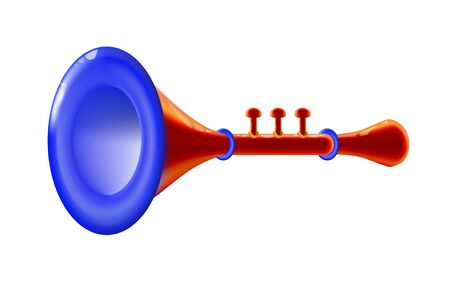 Realistic 3d red isolated glossy wind musical instrument - trumpet sign, icon for decoration or holiday, presentation on light background. Bright toy plastic.のイラスト素材