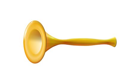 Realistic 3d yellow or golden reed pipe isolated glossy wind musical instrument, trumpet sign, icon for decoration or holiday on light background. Bright toy. Childish design.のイラスト素材