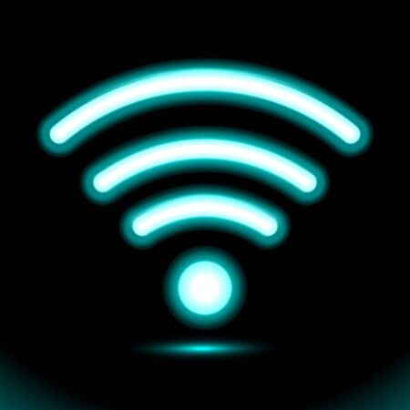 Icon wifi zone Blue Neon lamp, sign, button for presentation design on black background. Modern fluorescent object. Dark ad vector luminescent illumination, illustration Ui. Eps 10.のイラスト素材